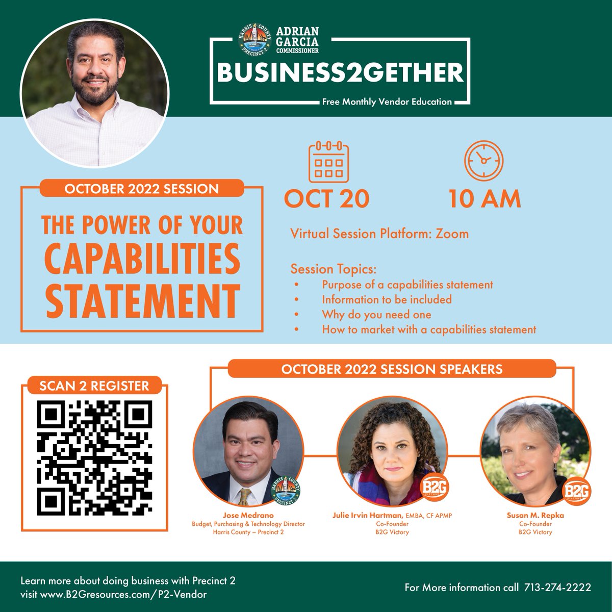 B2GVictory's tweet photo. Trick or Treat...? A session with the Harris County Precinct 2 is definitely a treat! Join us next week on October 20th at 10AM for an intensive Capabilities Statement Session. Register for this FREE event today https://t.co/JlleUvRq0j
#B2GVictory #GovCon #CapabilitiesStatement https://t.co/qCGKQx5SPX