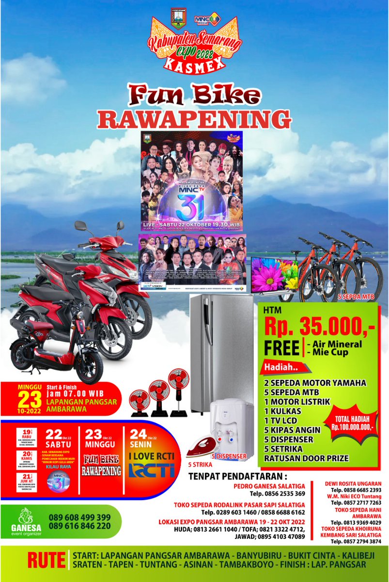 Ungaran_Wisata's tweet photo. FUN BIKE RAWA PENING
Merupakan rangkaian acara pada event Kabupaten Semarang Expo (KASMEX) 2022 yang disekenggarakan pada Hari ke-5, Minggu 23 Oktober 2022.
Start dari Lapangan Pangsar Jenderal Sudirman Ambarawa. https://t.co/2IZ8vBYGIG
