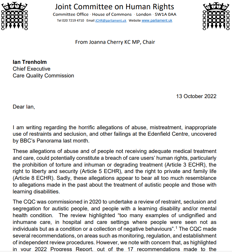 HumanRightsCtte's tweet image. ✍️We've written to the @CQC and @DHSCgovuk regarding the horrific allegations of abuse at the Edenfield Centre, uncovered by @BBCPanorama last month.

Letter to the CQC: bit.ly/3EEOdSL

Letter to the Department of Health &amp;amp; Social care: bit.ly/3T0bQtf