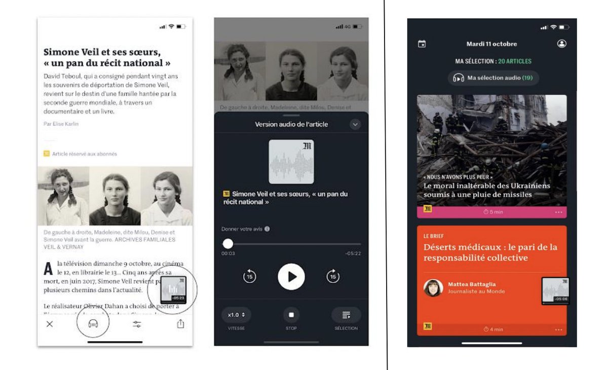 Le Monde annonce l’arrivée de la lecture audio dans son application « La Matinale ». 

« Six comédiens et comédiennes, dont les voix ont été 
enregistrées et synthétisées par une intelligence artificielle, constituent cette voix singulière, celle du Monde »