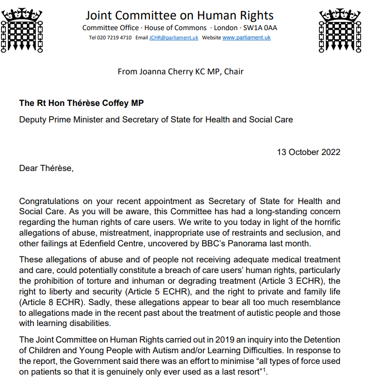 HumanRightsCtte's tweet image. ✍️We've written to the @CQC and @DHSCgovuk regarding the horrific allegations of abuse at the Edenfield Centre, uncovered by @BBCPanorama last month.

Letter to the CQC: bit.ly/3EEOdSL

Letter to the Department of Health &amp;amp; Social care: bit.ly/3T0bQtf
