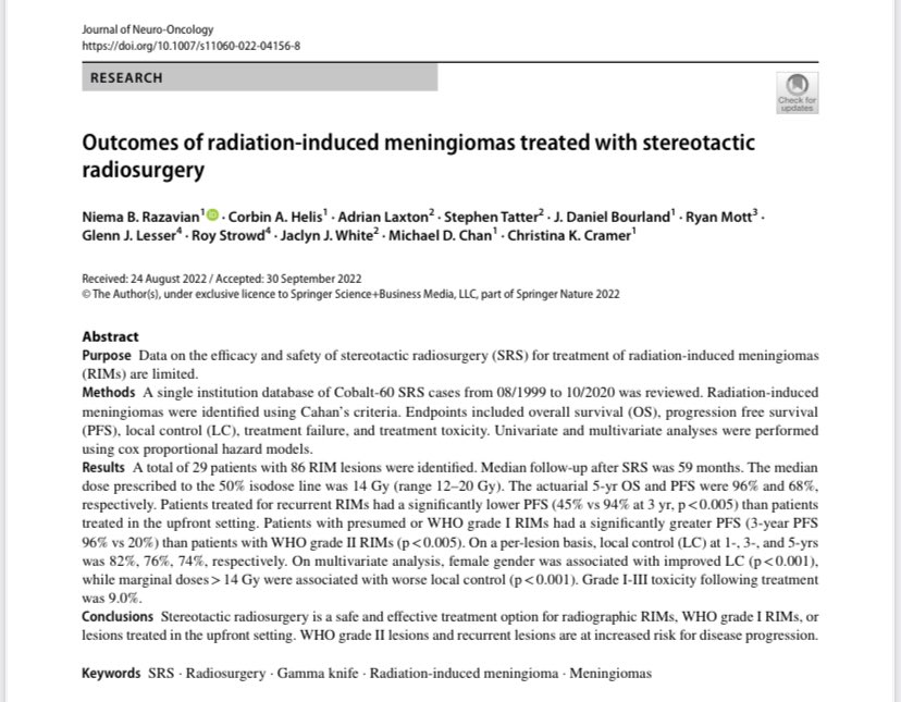 Out now in <a href="/JNeurooncol/">Journal of Neuro-Oncology</a> - our institutional experience using SRS for RT-induced meningiomas (RIMs) ☢️🔪🧠

🙏🏽 <a href="/WakeCancer/">Wake Forest Baptist - Comprehensive Cancer Center</a> neuro-onc team
Link: tinyurl.com/3vdaxvhc

Tweetorial ⬇️ #BTSM #radonc 
1/n