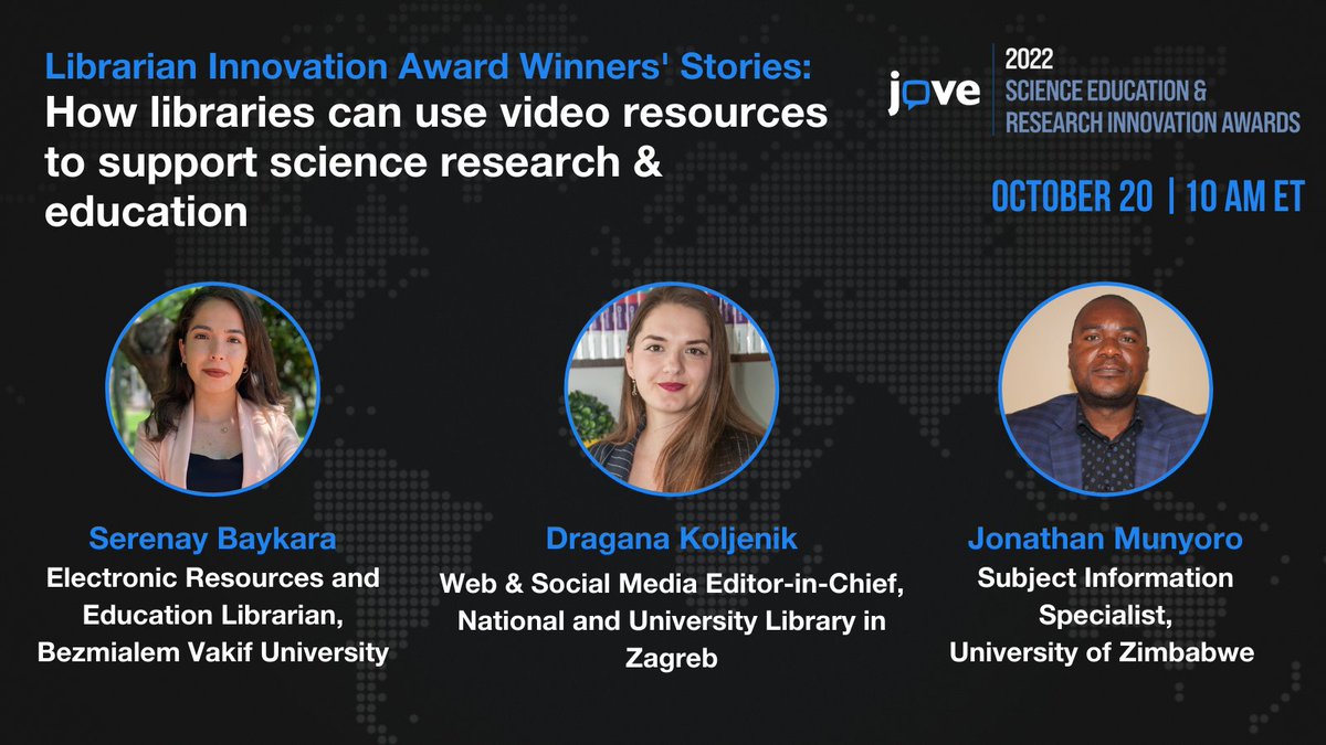 JoVEJournal's tweet photo. Hear from the 2022 JoVE Librarian Innovation Award winners, Serenay Baykara, @dragana_ko_cro & Jonathan Munyoro, as they share how they support academic & scientific activities through innovative video solutions.
Register Now! https://t.co/78aZ92Goo1
#STEMlibrarian #STEMlibrary https://t.co/tJ5iDGivSD