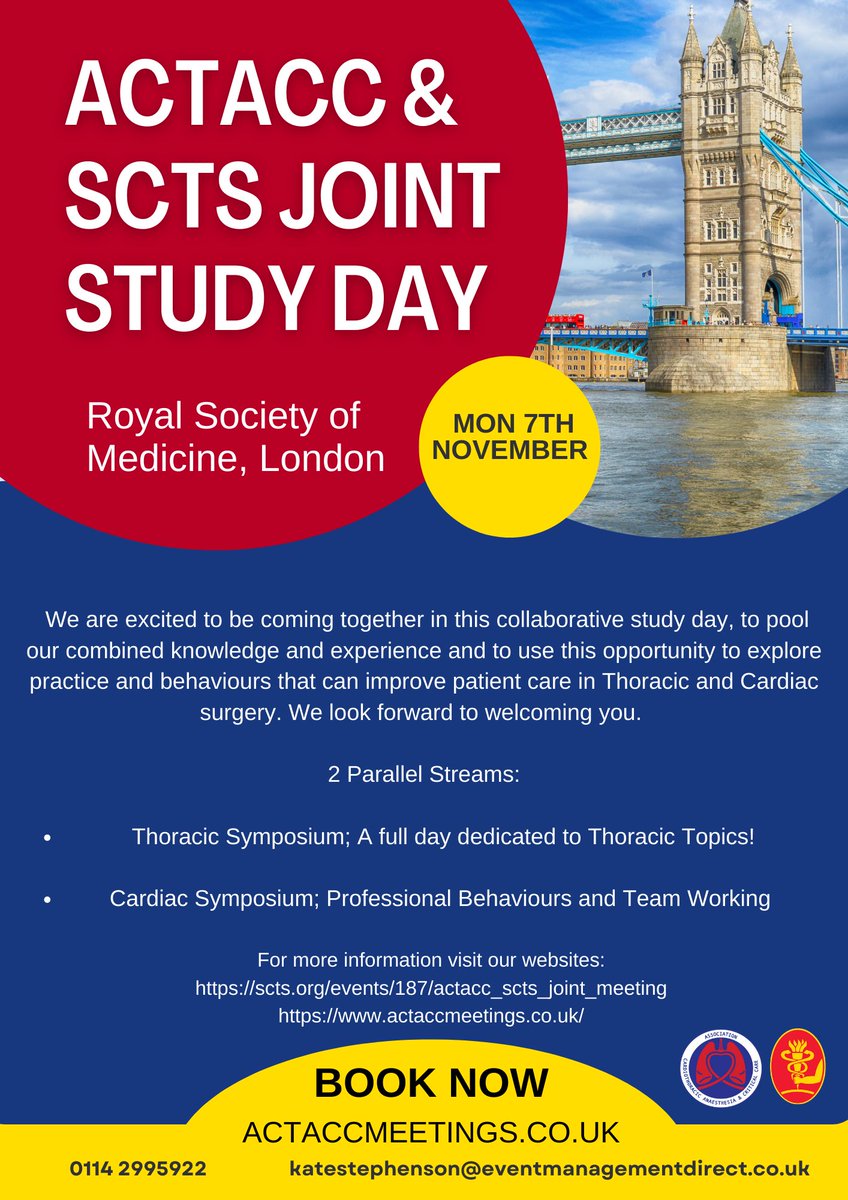 ACTACC Meetings (@actaccmeetings) on Twitter photo Registration for the <a href="/ACTACCUK/">ACTACC</a> & <a href="/SCTSUK/">SCTS UK</a> Joint Study Day 2022 on Monday 7th November at the Royal Society of Medicine.
Register now ➡️ actaccmeetings.co.uk
We look forward to welcoming you in November. Registration for the <a href="/ACTACCUK/">ACTACC</a> & <a href="/SCTSUK/">SCTS UK</a> Joint Study Day 2022 on Monday 7th November at the Royal Society of Medicine.
Register now ➡️ actaccmeetings.co.uk
We look forward to welcoming you in November.