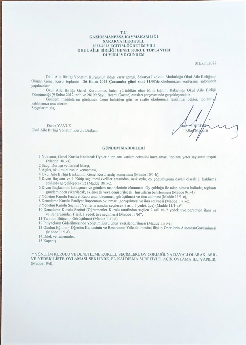 Sayın Velilerimiz, 26 Ekim 2022 Çarşamba günü okulumuzda Okul Aile Birliği genel kurulu vardır. Tüm velilerimiz davetlidir.