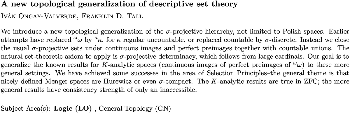 arxiv.org/abs/2210.05849…
I Ongay-Valverde, F D Tall
A new topological generalization of descriptive set theory