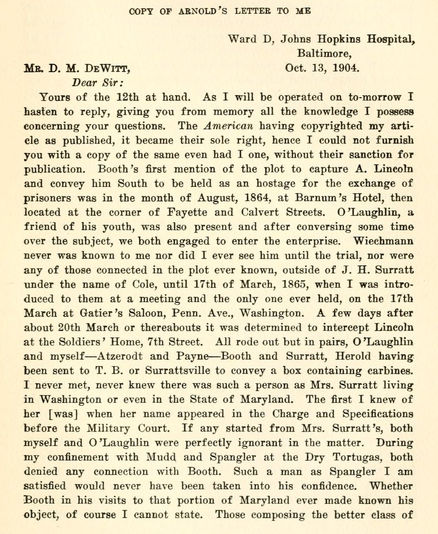 LinConspirators's tweet photo. #OTD Oct. 13, 1904: #SamuelArnold wrote to author David Miller DeWitt recounting his recruitment and involvement in #JohnWilkesBooth’s plot. DeWitt included the letter in his book: The Assassination of Lincoln and Its Expiation. I find Arnold’s words about #EdmanSpangler &amp;… https://t.co/nWGsc3EcBs