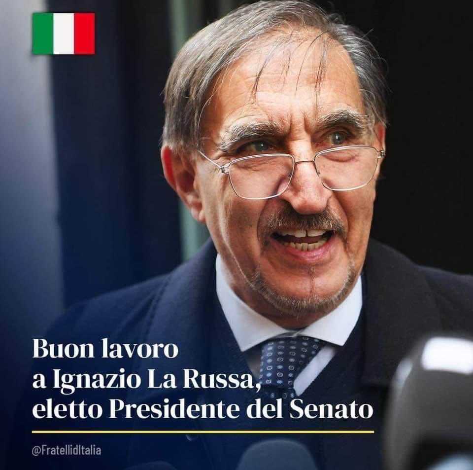 Complimenti a <a href="/Ignazio_LaRussa/">Ignazio La Russa</a> eletto Presidente del #Senato. 

Buon lavoro Presidente!💪🏻🇮🇹

#LaRussa