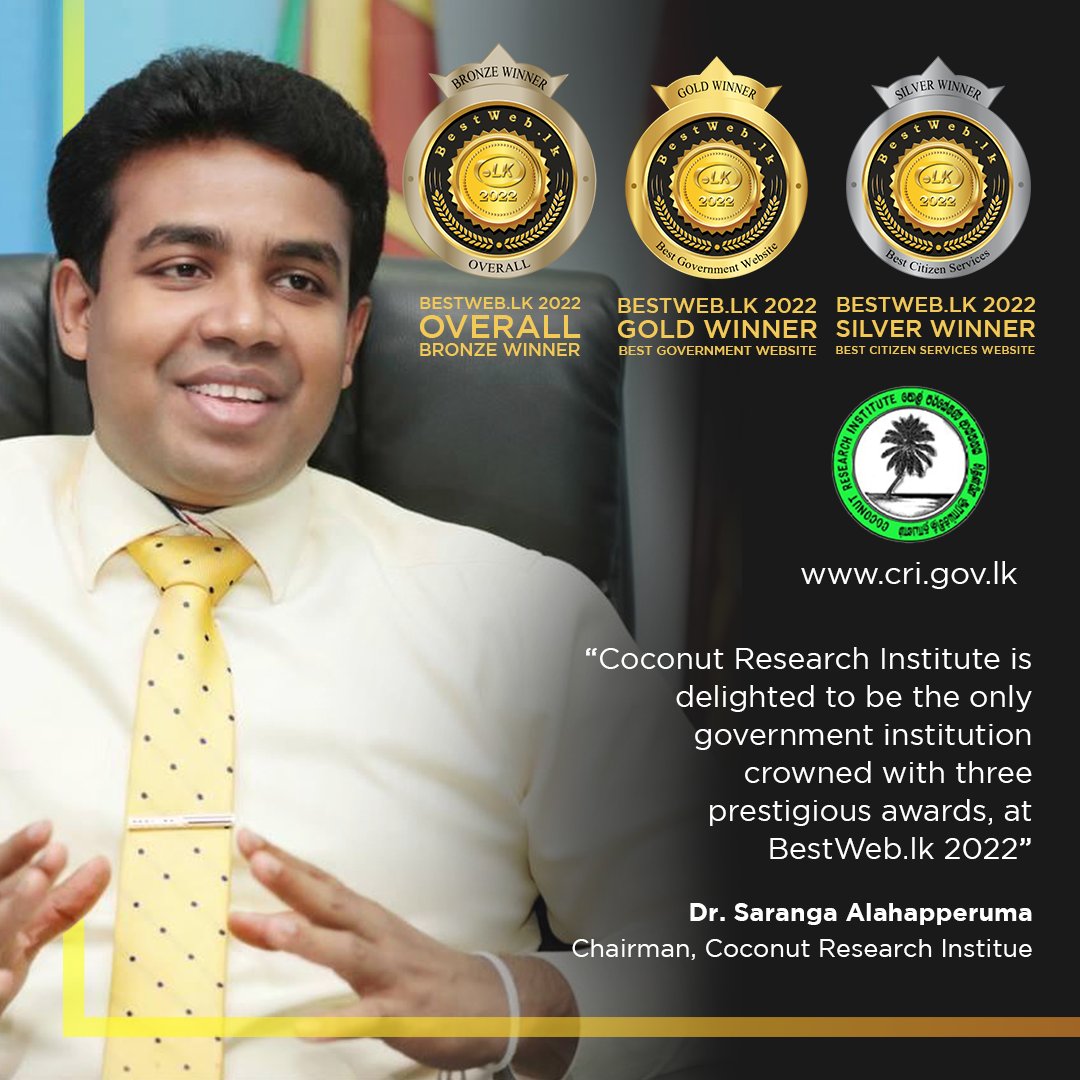 BestWebLK's tweet image. Dr. Saranga Alahapperuma, Chairman of Coconut Research Institute (CRI) expressed his thoughts about receiving the awards on BestWeb.LK competition.
Visit bestweb.lk for more details 
#BestWeb2022Winner #BestWeb2022 #BestWebLK #LKDomainRegistry