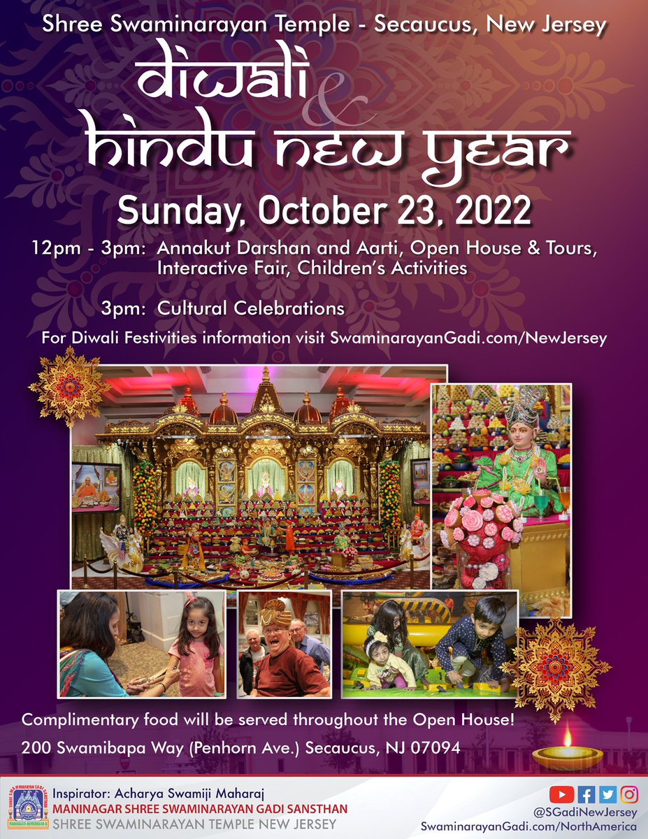 SGadiNewJersey's tweet photo. Join #SecaucusTemple for our Annual #Diwali & #Hindu #NewYear #Annakut Celebrations on Sunday, October 23 for Interactive Tours, Aarti, Cultural Exhibitions, Children’s Activities & Delicious Indian Vegetarian Food
Event info https://t.co/rYpzvTVhG4
#Diwali2022 #NewJerseyMandir https://t.co/OyLBjb0kEv