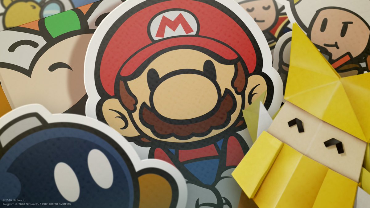 Mario huddled up with his friends. C/- Paper Mario: The Origami King official wallpaper