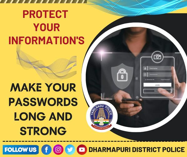 POLICEDPI's tweet photo. உங்கள் செல்போன் தகவல்களை பாதுகாத்திடுங்கள் 
கடவுச்சொற்களை கடினமானதாக பயன்படுத்துங்கள்
#ProtectYourInformation
#usestrongpassword 
#cybercrime
#DharmapuriDistrictPolice https://t.co/Ic87Myq1xp