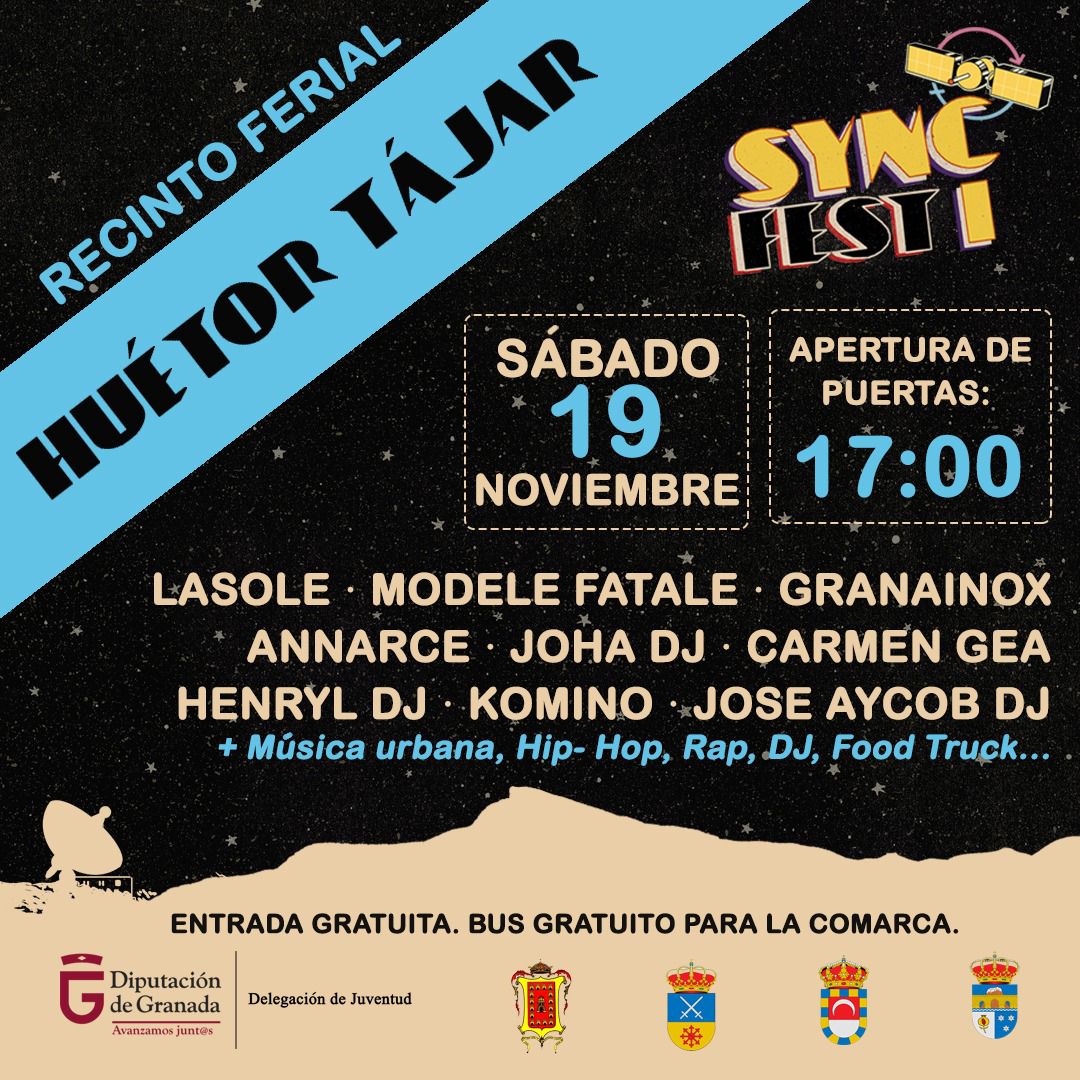 Huétor Tájar será una de las cuatro sedes del primer "Sync-Fest" de música joven y urbana que organiza la Diputación de Granada:
huetortajar.org/actualidad/hue…