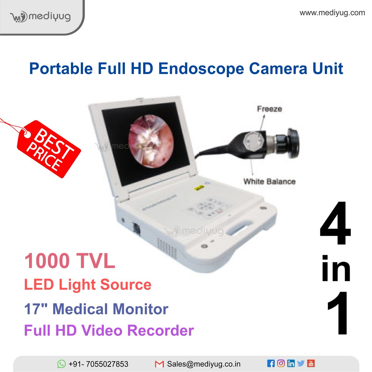 Medi_Yug's tweet photo. Portable HD Endoscopy Camera Unit | ENT | Laparoscopy | Urology, Etc...

4 in 1, HD Endoscopy Camera 1000 TVL + LED light Source + 17" Medical Monitor + HD Video  Recorder

For any queries feel free to contact us.
Call / Whatsapp: +91 70550 27853
Email: sales@mediyug.co.in https://t.co/td7WHk3m4Y