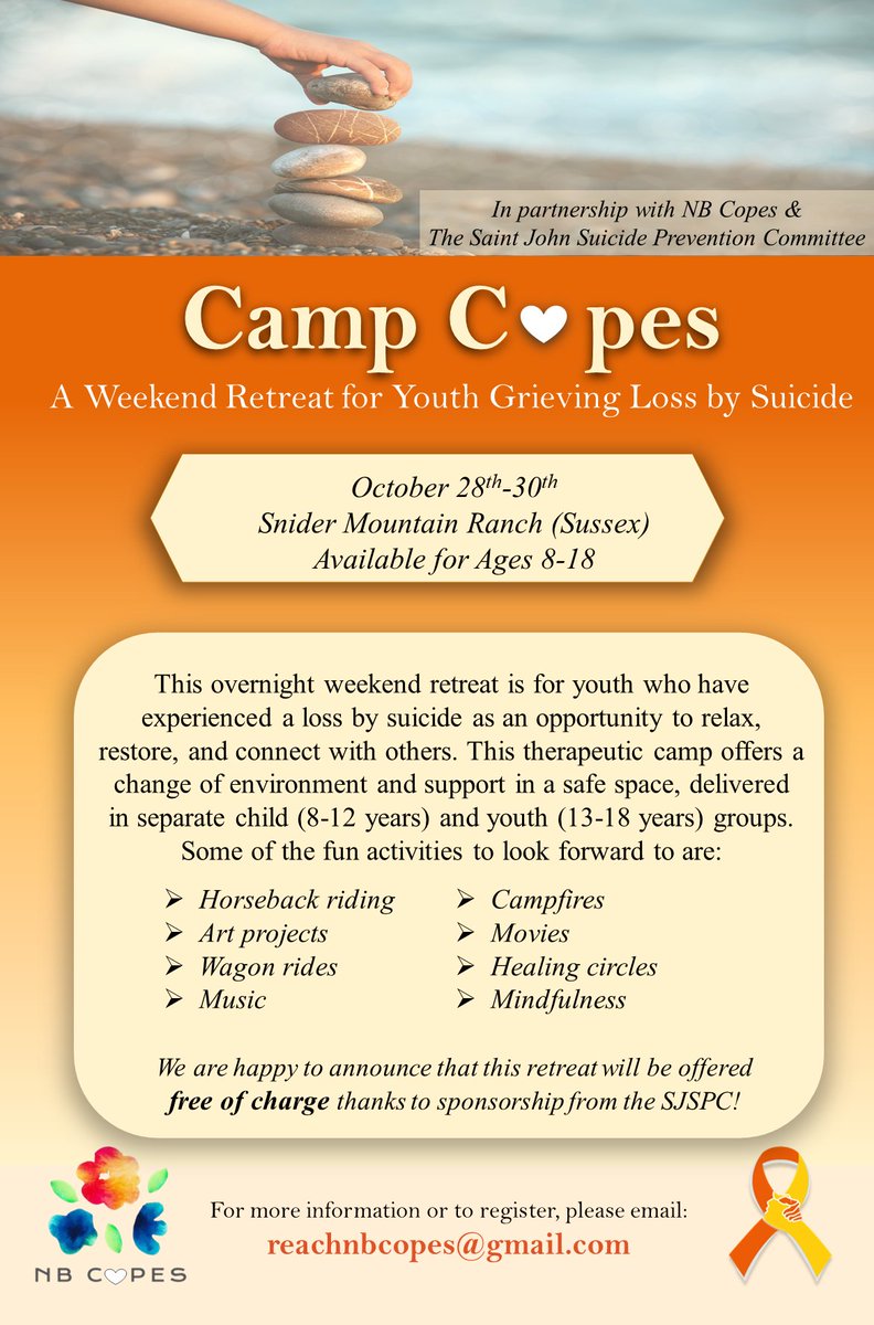 nbchildren's tweet photo. NB Copes has 3 Camp COPES Youth Retreats coming up, which are free of charge! Registration forms can be obtained by emailing reachnbcopes@gmail.com - All Youth Retreats will be held at Snider Mountain Ranch, outside Sussex, NB. https://t.co/lMrgd74Ujs