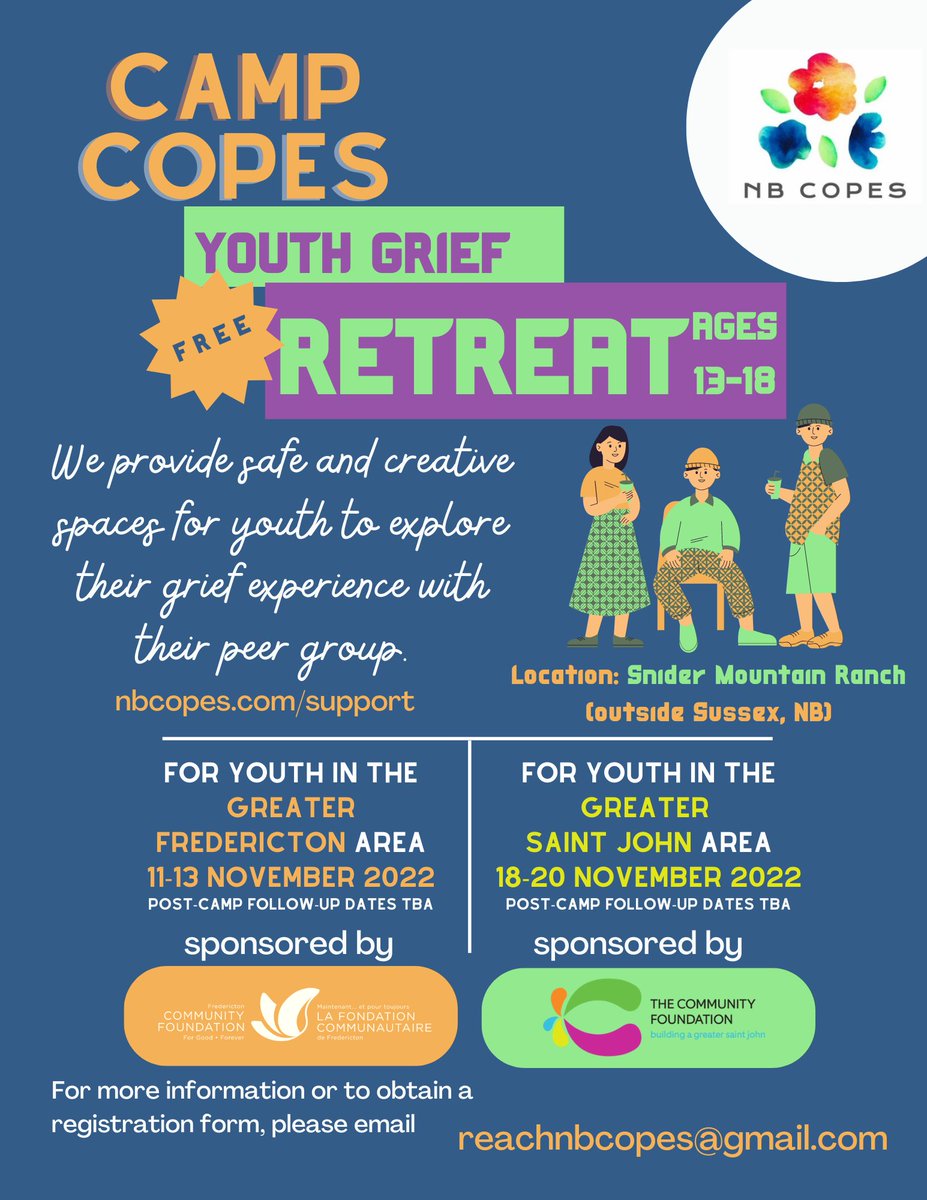 nbchildren's tweet photo. NB Copes has 3 Camp COPES Youth Retreats coming up, which are free of charge! Registration forms can be obtained by emailing reachnbcopes@gmail.com - All Youth Retreats will be held at Snider Mountain Ranch, outside Sussex, NB. https://t.co/lMrgd74Ujs
