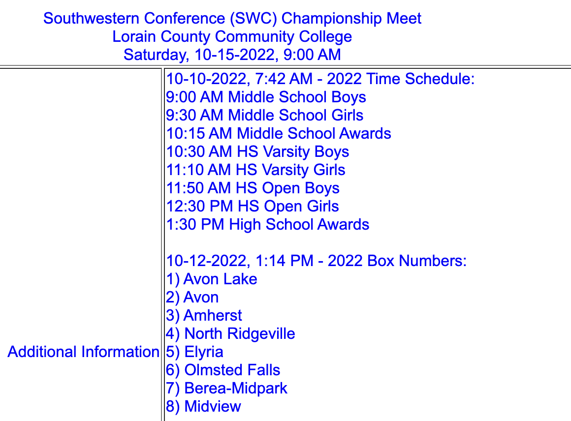 RunAmherst's tweet photo. On Saturday, October 15th, the @AJHComets  and @SteeleComets Cross Country Teams will compete in the @Ohio_SWC Championships @LCCCLorain.
@AJH_XC Boys: 9:00am, Girls: 9:30am
@RunAmherst Varsity: 10:30am, JV: 11:50am
@steelegirlsxc Varsity: 11:10am, JV: 12:30pm
GO COMETS!! https://t.co/tCU6oHlNH4