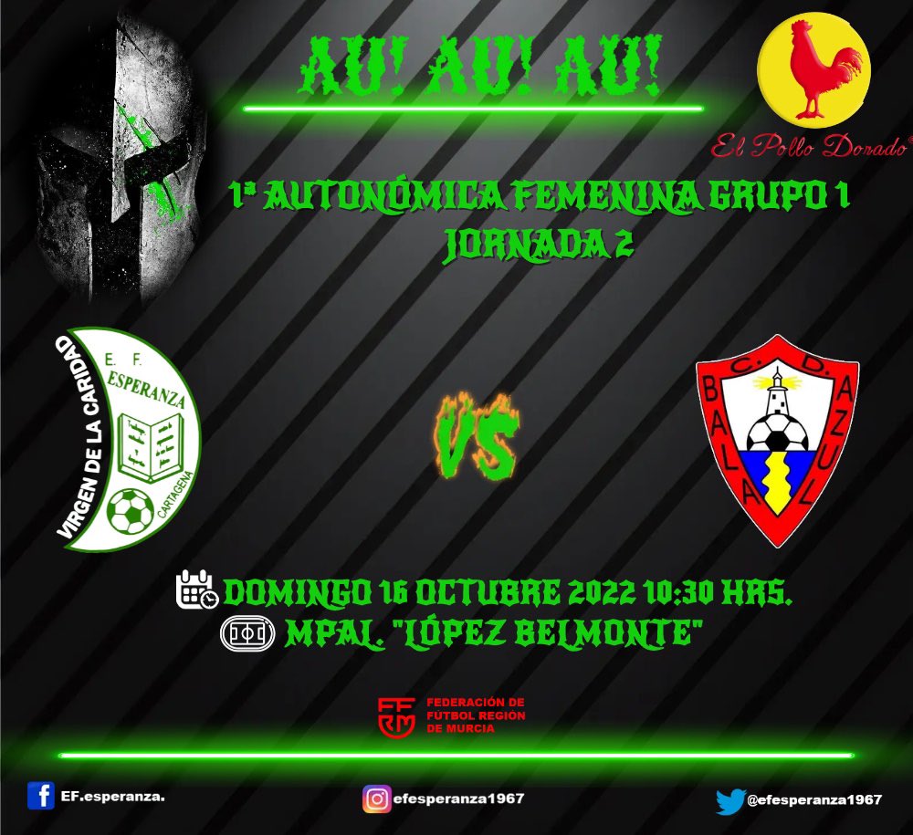 EFEsperanzaVCF1's tweet photo. Nuestras chicas con el apoyo de @elpollodorado debutan en casa recibiendo al @CDBalaAzulOfic1 en pos de buscar la primera Victoria de está temporada en la 2ª jornada de liga. Vamos espartanas!💪💚⚽️ https://t.co/Xhc7f2ZUC2