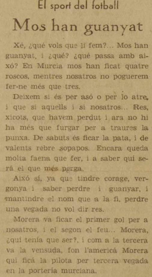 efemerideshcf's tweet photo. ⚪️🔵  El 13 d'octubre de 1935, setena jornada de la primera categoria del campionat supraregional Levante-Murcia, l'Hèrcules perdia a Múrcia per 4-3.
🗞️ Aquesta era la crònica d''El Tio Cuc'. https://t.co/yRRxFuhcPP