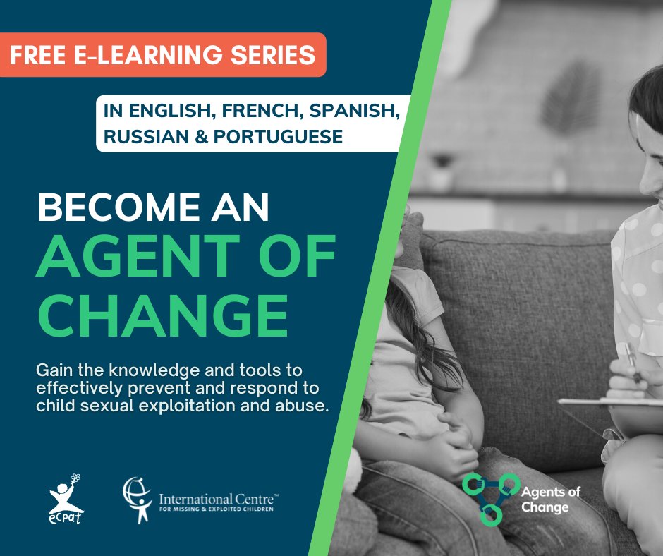 Are you a #ChildProtection professional? Register for #AgentsofChange, a free e-learning training series designed to equip you with the knowledge and tools needed to combat #ChildSexualExploitation and support victims. 👉 Learn more: bit.ly/AoCLevel1