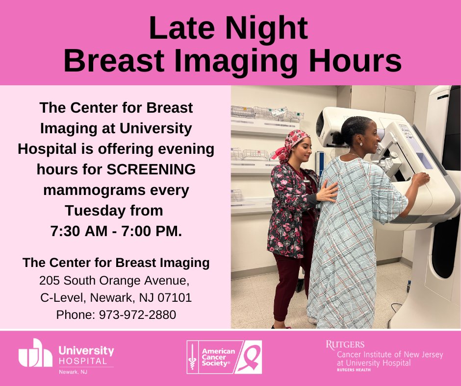Do you need a screening mammogram, but can't find the time during your busy day? Come to the Center for Breast Imaging at University Hospital where we offer evening hours every Tuesday until 7:00 PM! Call today for an appointment: 973-972-2880.