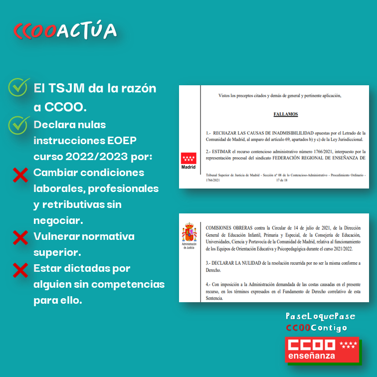 ✅El TSJM da la razón a CCOO
✅Declara nulas instrucciones EOEP curso 2022/2023 por: 
❌Cambiar condiciones laborales, profesionales y retributivas sin negociar
❌Vulnerar normativa superior
❌Estar dictadas por alguien sin competencias para ello
feccoo-madrid.org/noticia:644842…