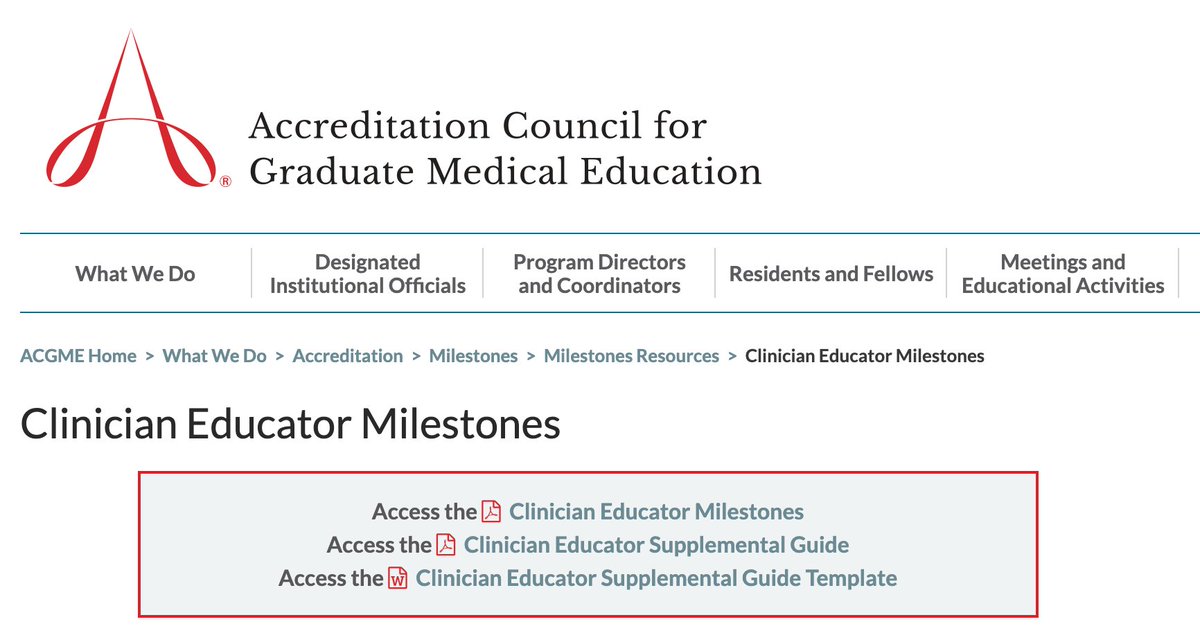 1/6 The new @ACGME Clinician Educator Milestones act as a great way to organize existing faculty development! Here is a thread with a brief overview of the competencies and some resources. acgme.org/what-we-do/acc…