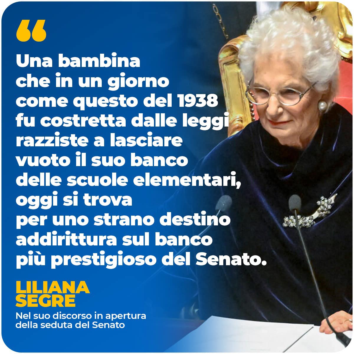 Piu_Europa's tweet photo. "E’ impossibile non provare una sorta di vertigine ricordando che quella stessa bambina che nel 1938 fu costretta dalle leggi razziste a lasciare vuoto il suo banco delle scuole elementari, oggi si trova addirittura sul banco più prestigioso del Senato".
Liliana Segre https://t.co/EPOSNfnZkO