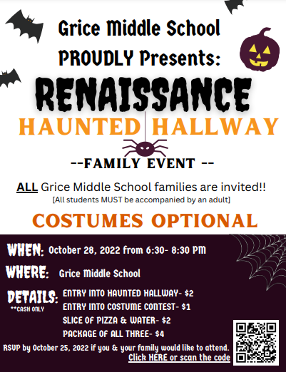 Come join us for our Haunted Hallway Family Event! October 28 from 6:30-8:30pm. Costumes are welcome, but optional! There will be something for everyone! @wearehtsd @griceprincipal