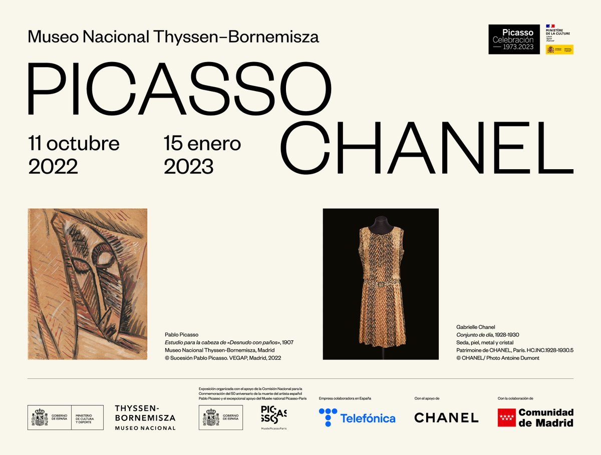 CHANEL's tweet image. CHANEL is pleased to support the exhibition ‘Picasso/Chanel’, highlighting the relationship of mutual admiration and respect between these two major figures of modernity. From October 11th 2022 to January 15th 2023 at the Museo Nacional Thyssen-Bornemisza in Madrid.
#CHANEL