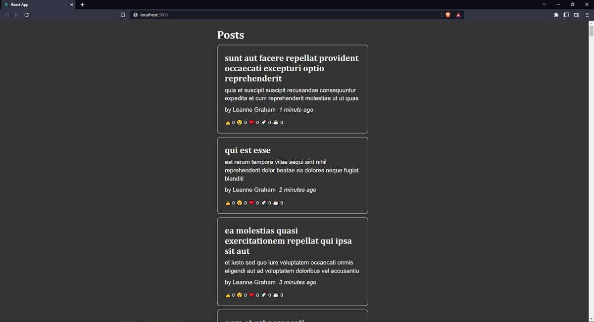 _SpideyMo's tweet photo. Day 43: Practicing Redux-Toolkit features and created a blog app to be a playground for practicing.

Posts are fetched using createAsyncThunk and so the posting of a new post. Also, fetching the users the same way.

Github: https://t.co/2MN5sLYmwC

#100DaysOfCode #React #Redux https://t.co/bsbFkKkWjb