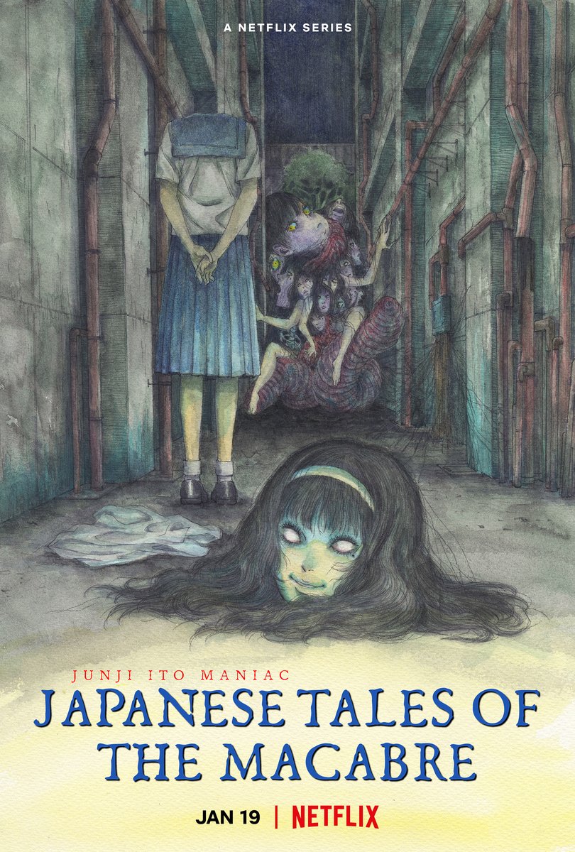 NetflixAnime's tweet image. it's a new spooky piece of key art for Junji Ito Maniac: Japanese Tales of the Macabre! 

joining the tales are four more Junji Ito classics: "Ice Cream Truck," "Tomb Town," "Library Vision," and "Headless Statue"
