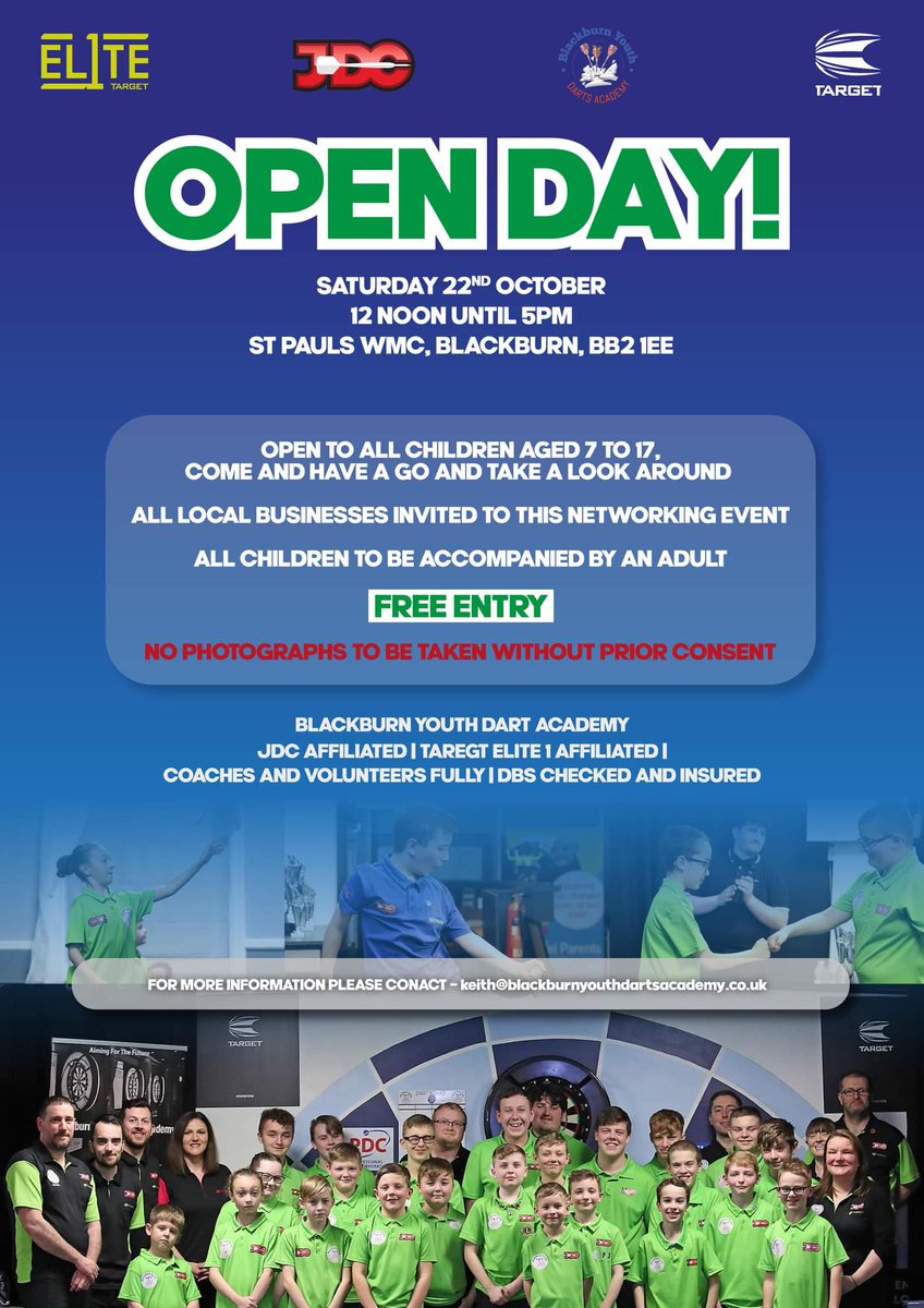 Attention local businesses, potential partners and schools why not come to our open day next Saturday 22nd and see what we are about and what opportunities are for you too. @TargetDarts @lorraine180 @JDCdarts @AlanWarriner @OfficialPDC @MattPorter_PDC @benonsport @FittonDarryl