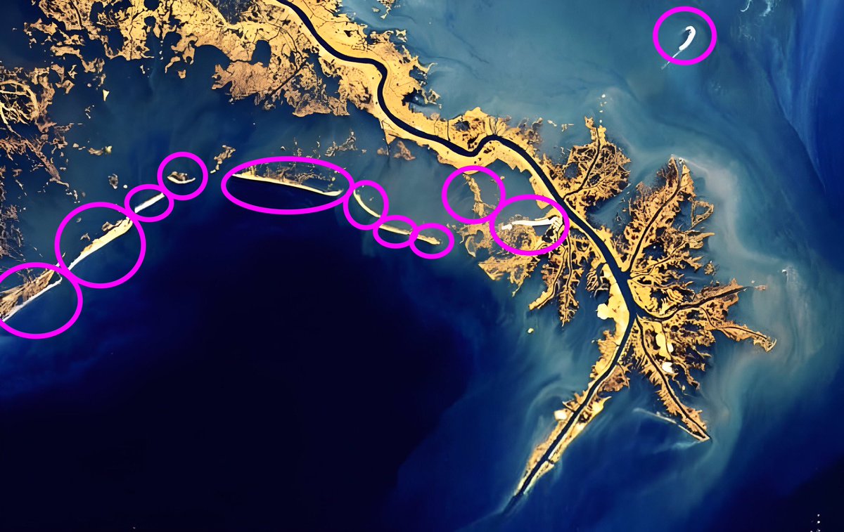 ChuckPerrodin's tweet photo. In this 9/29/22 satellite photo you see coastal land reconstructed by the La. CPRA since Katrina visible from space! Still there! Restoring barrier islands was first step to secure the perimeter before proceeding to interior restorations like the Mid Barataria sediment diversion. https://t.co/Mo4tk9M8C8