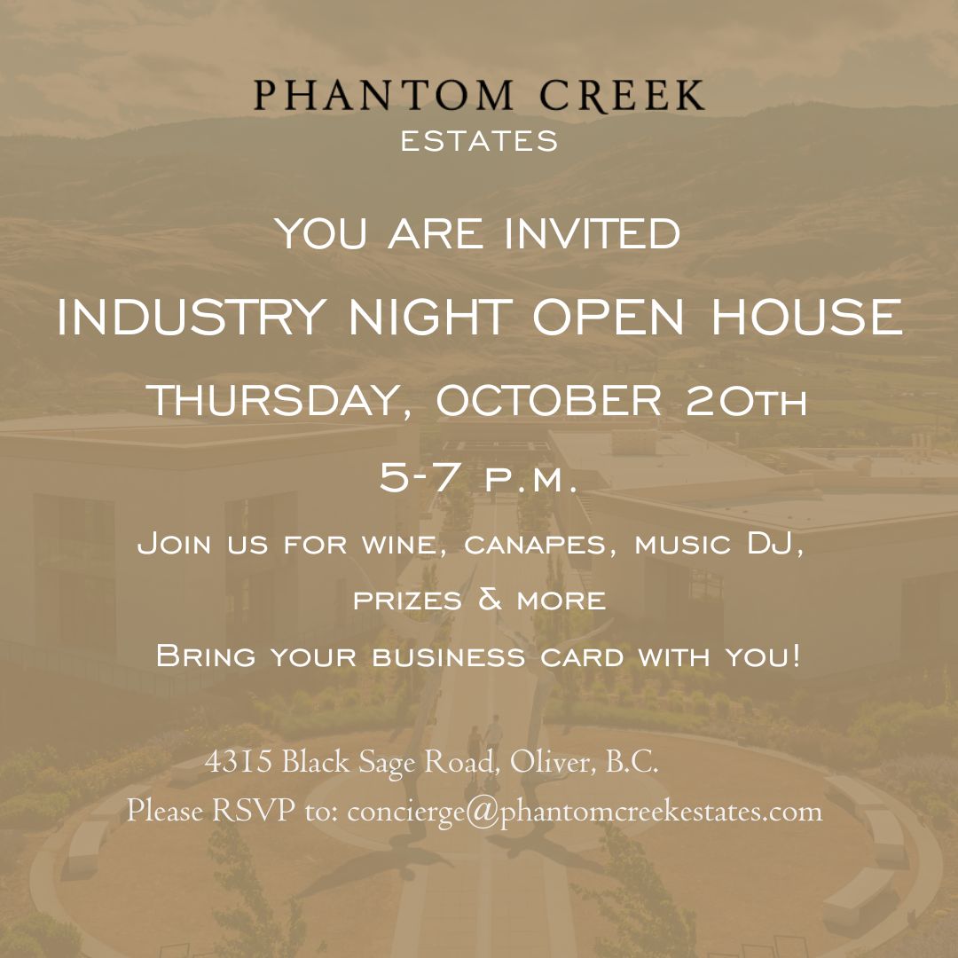 Phantom Creek Estates (@phantomcreekest) on Twitter photo Industry Open House at our tasting room Thursday, October 20th from 5-7 pm! We are extending this invite to staff at local wineries, restaurants, and industry partners. Join us for an evening of wine, food, music, prizes and more.
RSVP to concierge@phantomcreekestates.com Industry Open House at our tasting room Thursday, October 20th from 5-7 pm! We are extending this invite to staff at local wineries, restaurants, and industry partners. Join us for an evening of wine, food, music, prizes and more.
RSVP to concierge@phantomcreekestates.com