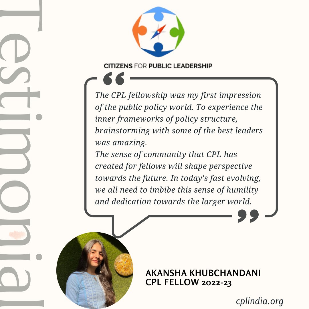 CPLFellows's tweet photo. Hear from Akansha Khubchandani CPL fellow 2022-23. Through CPL Fellowship, Akansha learnt the inner frameworks of policy structure in the country.
Visit: https://t.co/7dnxFB1f7s
#cplfellow #publicpolicy #testimonial #ApplyNow #future https://t.co/gaz5DLxxcc