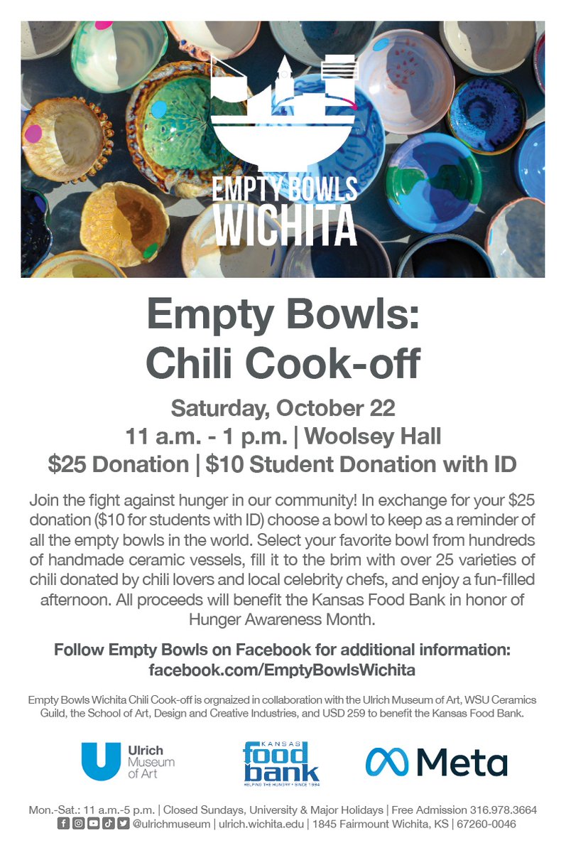 CHILI! CERAMICS! SUPPORT KANSAS FOOD BANK!! Get your tickets online now! kansasfoodbank.org/2022-empty-bow… We'll see you 11 a.m. to 1 p.m., Oct. 22 at WSU's Woolsey Hall!