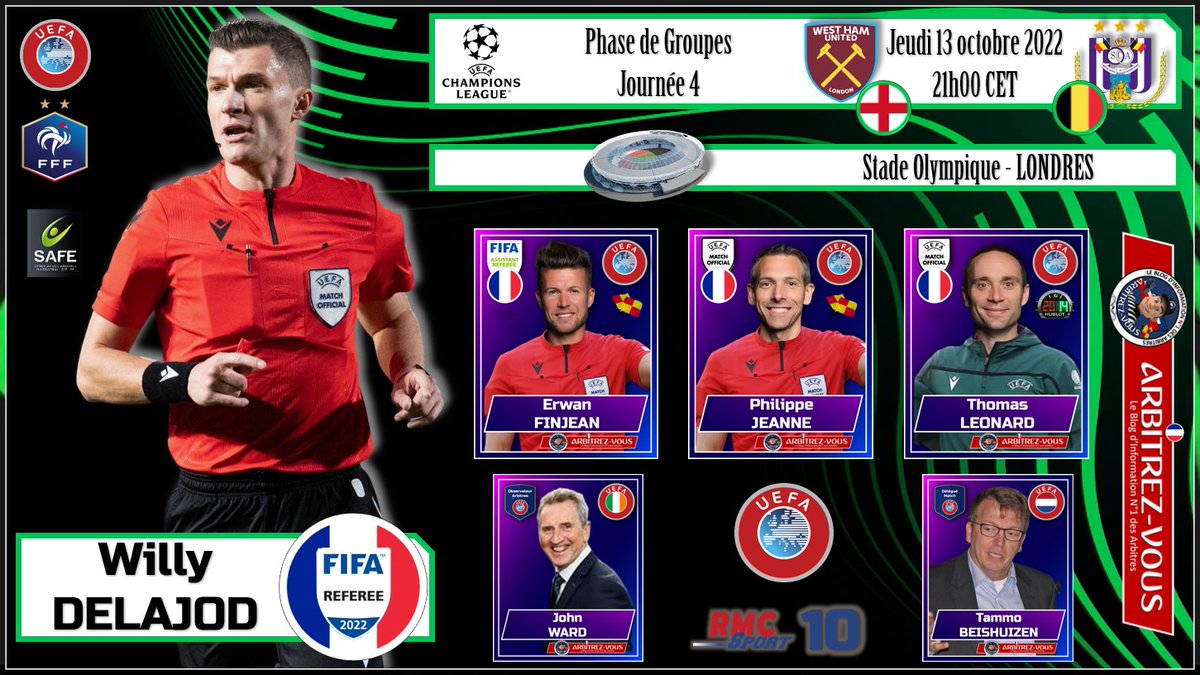 ArbitrezVous's tweet photo. 🌐| #FIFA - 🏆 #ConferenceLeague - Journée 4
#⃣| #WHURSCA
⚽️| @WestHam 🏴 🆚 @rscanderlecht 🇧🇪
🗓️| 13/10/2022
🕖| 21h00
🏟️| Stade Olympique - LONDRES
📺| @RMCsport
@ArbitresSAFE @FFF @LFPfr @Law5_TheRef @ArbitroInteBlog @UEFAcom_fr @UEFAConfLeague https://t.co/7p7MJRbYWa