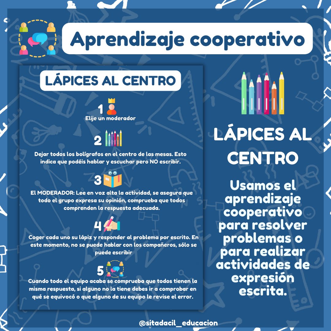 dacilgonz's tweet photo. ¿Usáis el aprendizaje #cooperativo en vuestra clase? Os traigo el primer póster de la dinámica "Lápices al centro", con la que podremos realizar múltiples actividades para fomentar el trabajo en #equipo
https://t.co/DDP3vK17Gz

@Elfonsdelmar @imgende @colegio_alameda @janotajunto https://t.co/a9VaM1g5DU