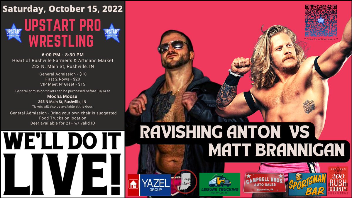 In the world of professional wrestling, the card is ALWAYS subject to change, but where one man decides not to show up, there are always ambitious UpstartPros ready to answer the call.

<a href="/RavishingAnton/">Ravishing Anton 💋</a>  vs. <a href="/matt_brannigan/">matt_brannigan</a> 

F**k IT! WE’LL DO IT #LIVE!

#DoItLive #UpstartPro