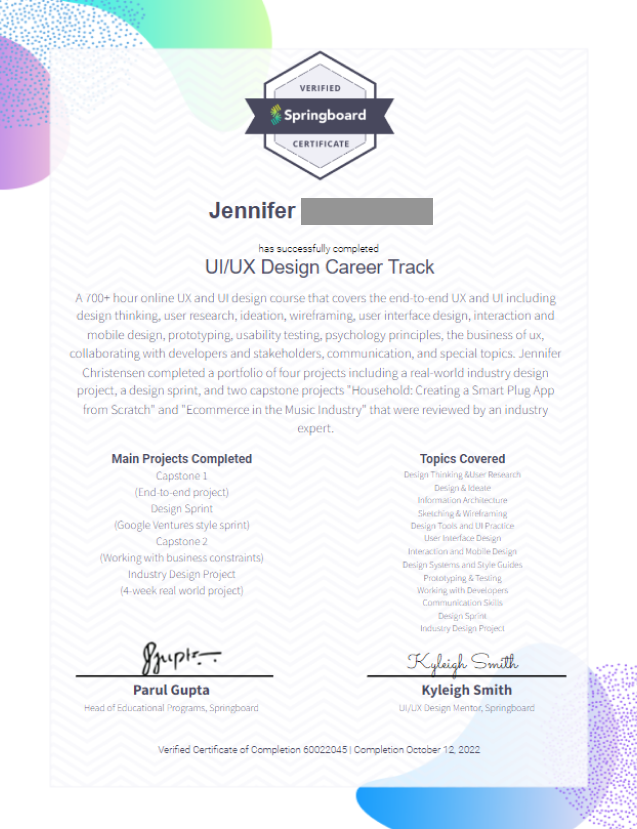 jendesignsstuff's tweet photo. Officially graduated from @Springboard in the #UIUXDesigner certification. 
Thank you @bagelsangranola for all your mentorship!

I'll be starting a new design position in January :) 

#productdesign #uidesign #uxdesign #springboard2022 https://t.co/6ull3Bp7ha