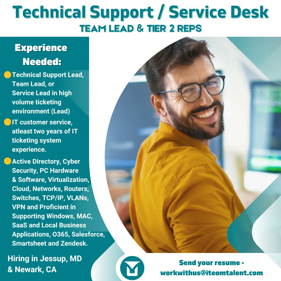 iteomtalent's tweet image. Don&apos;t wait, send us your resume at workwithus@iteomtalent.com and Apply, Apply, Apply!! 🤩

#TECHSUPPORT #TECHJOBS #JOBOPTIONS