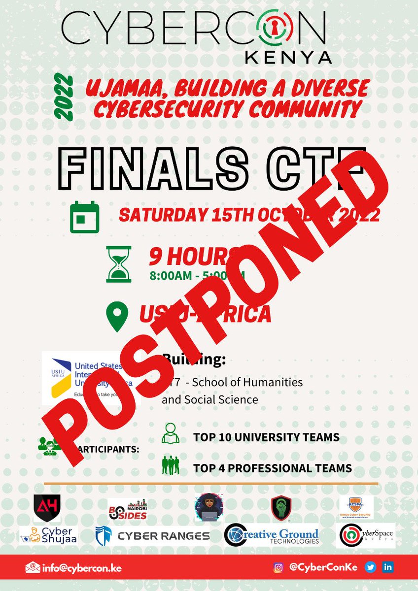 We wish to inform y'all that the CyberConKe CTF finals scheduled to happen this week has been rescheduled to a later date that will be communicated, to allow for the majority of players participating in the <a href="/CA_Kenya/">Communications Authority of Kenya (CA)</a> hackathon .