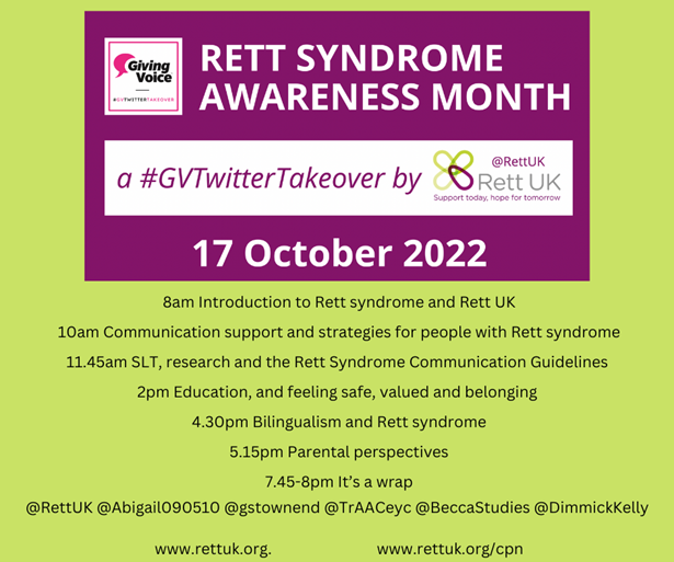 GivingVoiceUK's tweet photo. Hello everyone. Welcome to @RettUKโs #GVTwitterTakeover. We are mid-way through #RettSyndromeAwarenessMonth and looking forward to talking all things #Rett and #SLT. Share your comments and questions with our #CommunicationAndEducationTeam through the day.
#RettSyndrome #RettUK https://t.co/5JAMaF2nL7