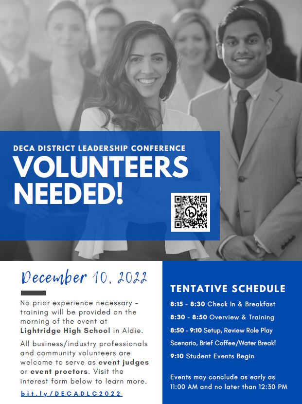 Please join us on December 10, 2022 for the annual #LCPSCTE DECA District Leadership Conference (DLC)! Business &amp; industry representatives and community members are needed as volunteers to support competitive events for our marketing students. Details here bit.ly/DECADLC2022