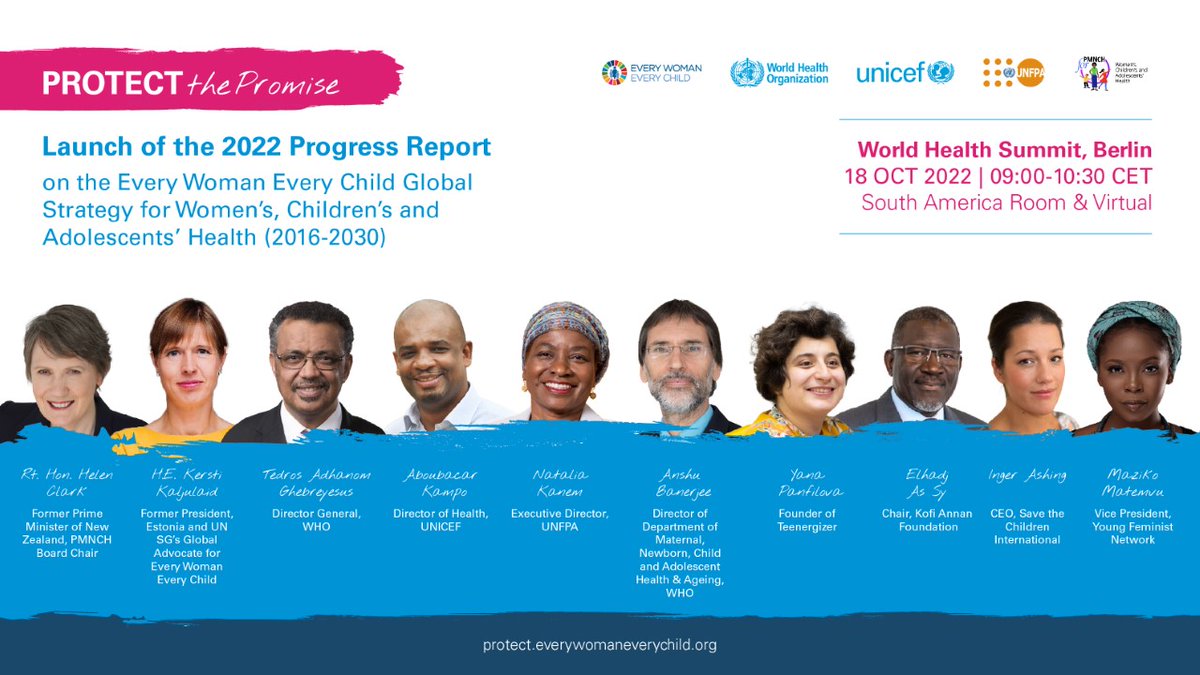 Don't miss it! At the World Health Summit #WHS2022 Launch of the 2022 Progress Report on #EWEC Global Strategy for Women’s, Children’s & Adolescents’ Health 18 October 09:00 CET | South America Room Virtual: worldhealthsummit.zoom.us/j/82238091621#… #ProtectThePromise #PartnersForChange