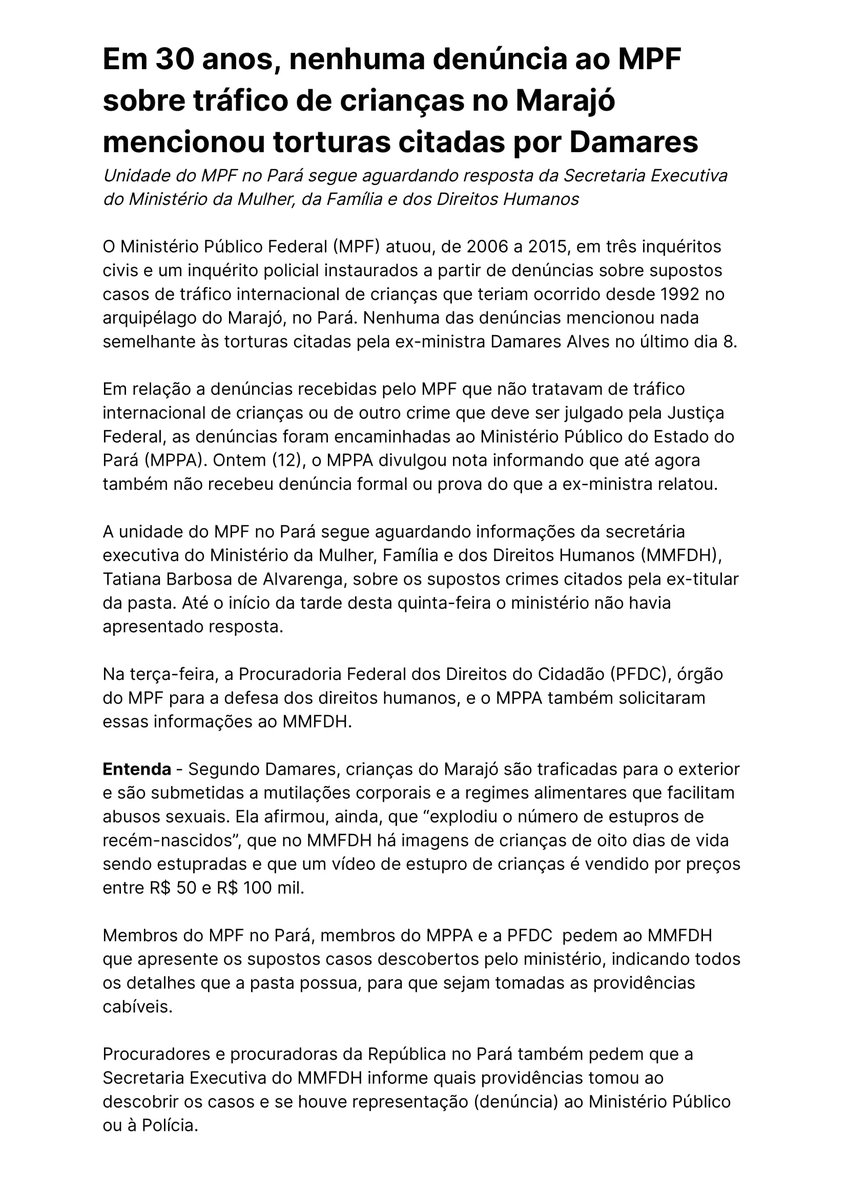 MPF_PA's tweet photo. Em 30 anos, nenhuma denúncia ao MPF sobre tráfico de crianças no Marajó mencionou torturas citadas por Damares 

Unidade do MPF no Pará segue aguardando resposta da Secretaria Executiva do Ministério da Mulher, da Família e dos Direitos Humanos 

Detalhes 👇 https://t.co/QZeFDCsjAJ