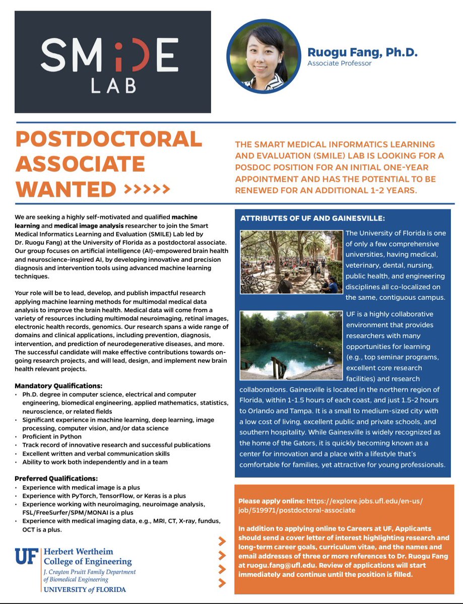 RuoguFang's tweet photo. Postdoc wanted at SMILE Fang Lab @LabFang working on #AI and medical image analysis for aging! @UFBME #BMES2022 #hiring https://t.co/1BjWadlgO1