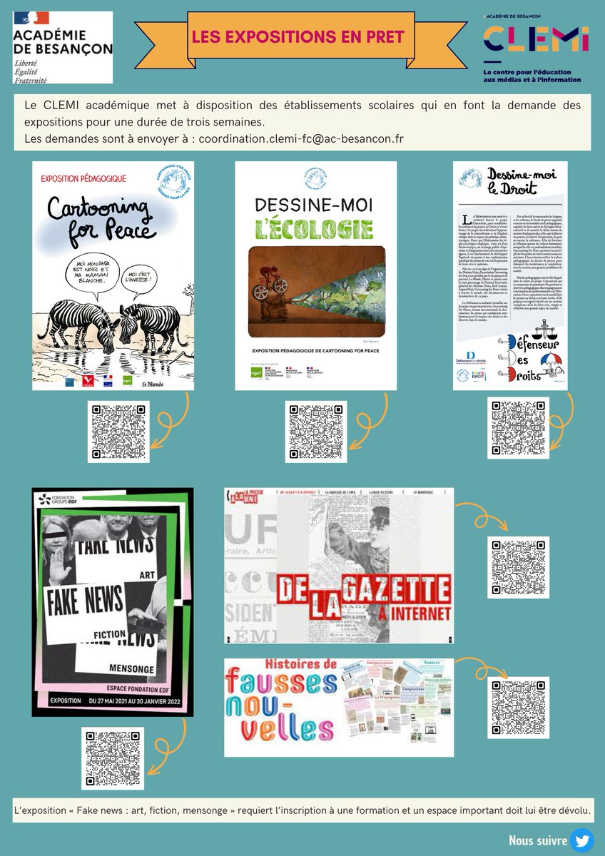 Parce qu'une exposition peut être un bon support pour introduire des notions #EducMédiasInfo #EMC, initier un projet, engager un débat, développer l'esprit critique. Découvrez les expositions en prêt au #CLEMI <a href="/acbesancon/">Académie de Besançon</a>
Info &amp; réservation : coordination.clemi-fc@ac-besancon.fr