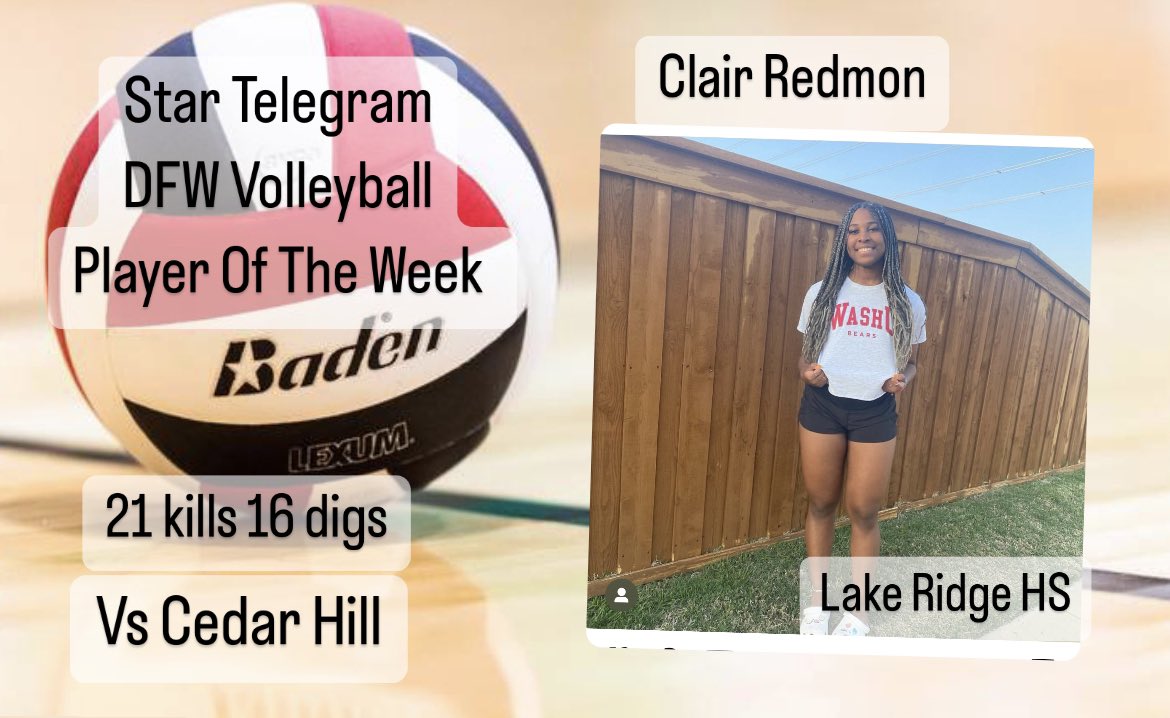 Brian Gosset (@gosset41) on Twitter photo Congrats to Lake Ridge’s <a href="/RedmonClair/">Clair Redmon</a> on winning <a href="/dfwvarsity/">dfw varsity</a> high school volleyball player of the week! Clair had 21 kills and 16 digs against Cedar Hill! #TXHSVB <a href="/MISDathletics/">MISD Athletics Dept.</a> @Lakeridge_vball Congrats to Lake Ridge’s <a href="/RedmonClair/">Clair Redmon</a> on winning <a href="/dfwvarsity/">dfw varsity</a> high school volleyball player of the week! Clair had 21 kills and 16 digs against Cedar Hill! #TXHSVB <a href="/MISDathletics/">MISD Athletics Dept.</a> @Lakeridge_vball